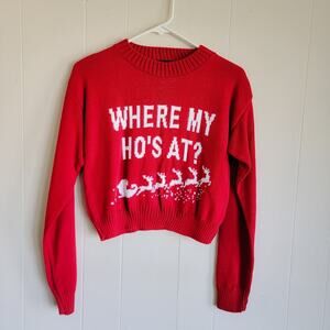 PrettyLittleThings Red Crop "Where My Ho's At" Christmas Sweater